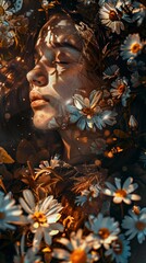 Woman surrounded by flowers in a serene setting during golden hour light