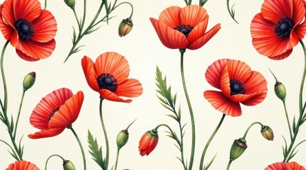 A vibrant and detailed illustration featuring a delicate arrangement of scarlet poppies, their petals meticulously rendered, showcasing a captivating floral pattern against a soft, creamy background.
