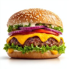 Cheeseburger, close-up, delicious, juicy, tasty, appetizing,  burger, beef patty, cheddar cheese, lettuce, tomato, onion, sesame seed bun, fast food, unhealthy food,  meal, lunch, dinner, snack.
