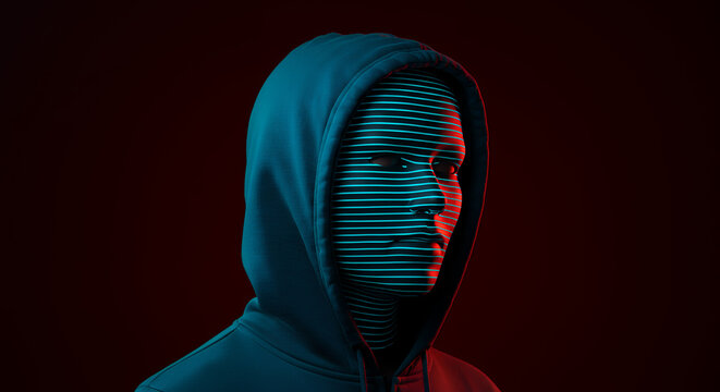Cyberpunk Hacker: Hooded Figure with Neon Lines, Anonymous Identity, Digital Intrigue, Dark Aesthetic, Technology & Mystery