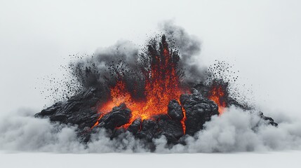 A powerful volcanic eruption with ash and hot lava surrounded by thick clouds