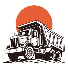 Bold Vector Dump Truck Illustration with Orange Circle Background – Heavy Duty Construction Art

