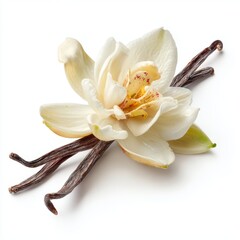 Exquisite vanilla flower with vanilla beans and a green pod, capturing the delicate beauty of natural ingredients. The flower has a creamy white hue, accompanied by the rich brown vanilla beans.
