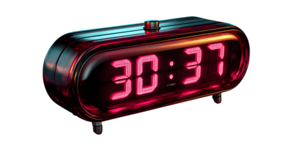 LED alarm clock glowing digits, isolated on transparent background,