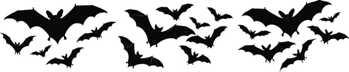 Set of flying bat silhouettes. Halloween vector collection for spooky, horror, and gothic designs.