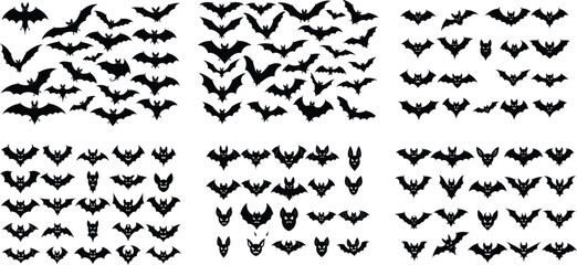 Large set of flying bat silhouettes. Grunge vector illustration pack for Halloween, horror designs, and spooky decorations.