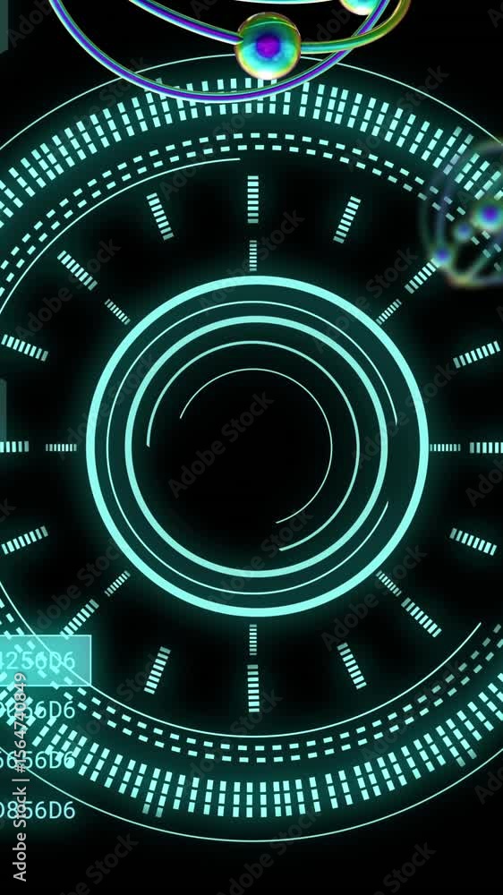Poster animation of atom model spinning and data processing on black background