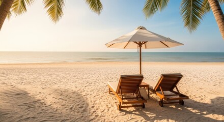 Serene Beach Vacation Paradise with Lounge Chairs and Umbrella