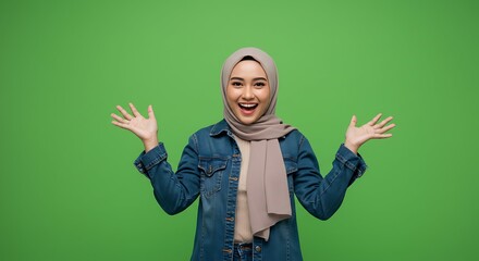 A surprised woman in a hijab and denim jacket gestures with open hands