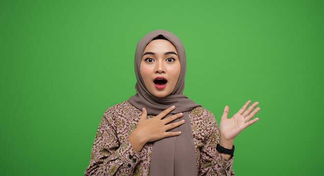Surprised Muslim woman in hijab with hand on chest green background