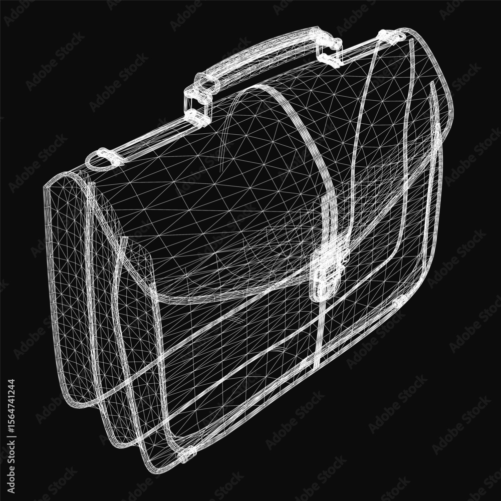 Poster 3d wireframe briefcase model on a black background, showcasing realistic structure and sleek design.
