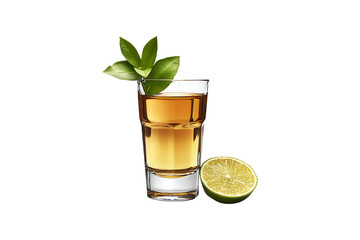 Tequila Shot with Lime and Leaves Isolated on Transparent Background