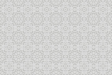 Ethnic patterned white background, cover design, banner, wallpaper. Geometric artistic boho 3d pattern, embossing. Tribal ornaments, arabesques, mandala, fresco of the East, Asia, India, Mexico, Aztec