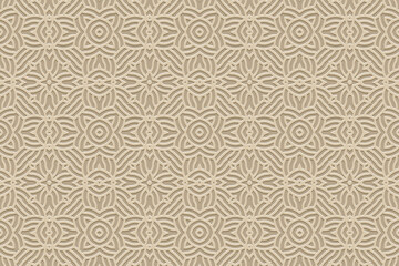 Ethnic patterned beige background, cover design, banner, wallpaper. Geometric elegant boho 3d pattern, embossing. Tribal ornaments, arabesques, mandala, fresco of the East, Asia, India, Mexico, Aztec