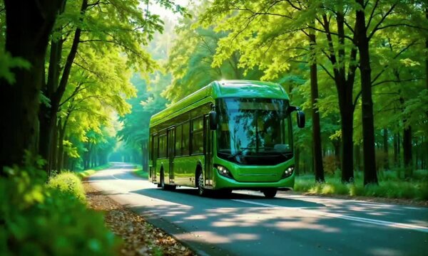 A green bus traveling down a tree-lined street. The trees are lush and green, creating a serene and natural atmosphere.