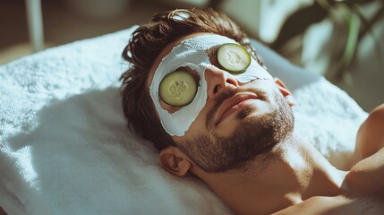Relaxed man enjoying a spa treatment at home.