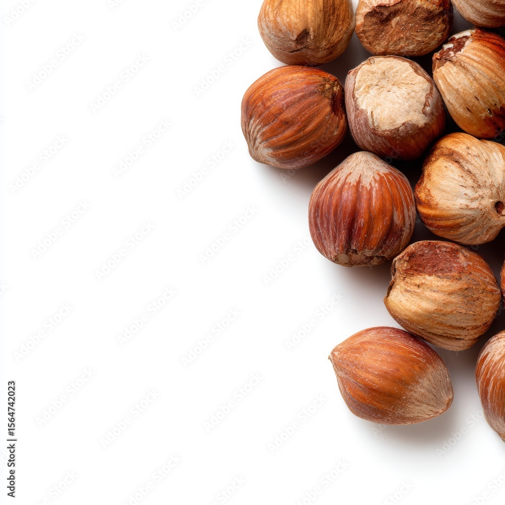 Poster a close-up shot of multiple brown hazelnuts with textured shells