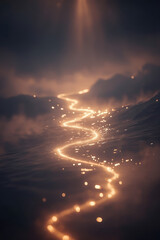 Ethereal Landscape Beneath Dark Sky with Flowing Golden Light
