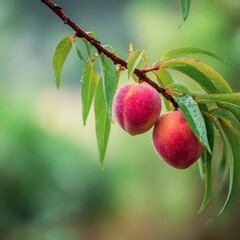 Two ripe peaches hanging from a branch with green leaves, droplets of water on the fruit