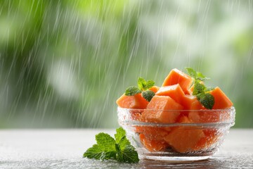 Papaya cubes with mint on bowl under rain with greenery backdrop