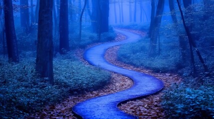 Blue-toned forest pathway winding through foggy autumn trees