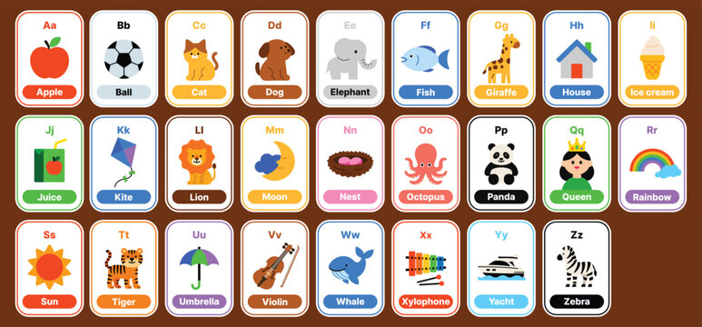 Colorful alphabet flashcards from A to Z with cute illustrations. Perfect for phonics, preschool, kindergarten, school lessons, ESL education, worksheets, posters, and learning apps.