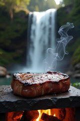 Sizzling Grilled T-Bone Steak on Stone with Smoke and Lush Waterfall Scene