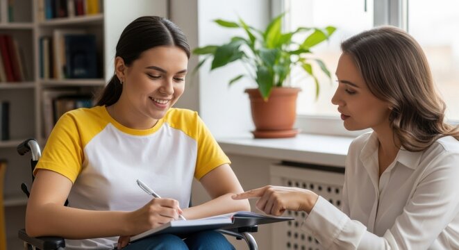 Student in wheelchair receives academic guidance from a teacher