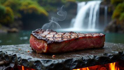 Hyper-Realistic T-Bone Steak Sizzling on Hot Stone with Waterfall Background