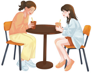 Mother and Daughter at Cafe Illustration