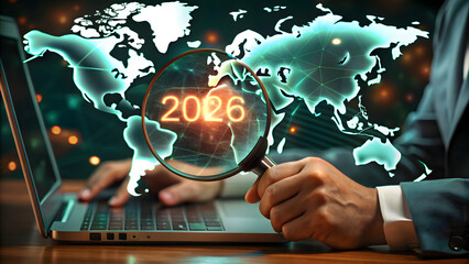 A businessman uses a magnifying glass to examine the year 2026 on a digital world map displayed on his laptop screen