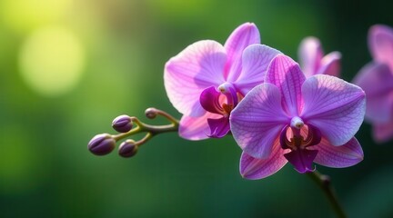 Obraz premium Delicate Pink Orchids Blooming in Soft Sunlight, Displaying Intricate Petals and Vibrant Hues, a Symbol of Serenity and Natural Beauty
