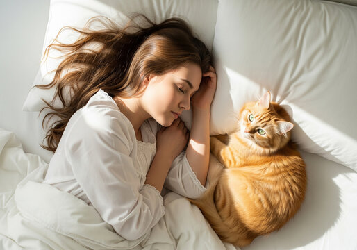 Woman sleeping with her white cat on a bed, enjoying a peaceful rest together