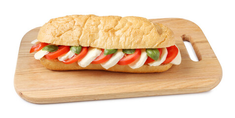 Tasty sandwich with mozzarella cheese, tomatoes and basil isolated on white