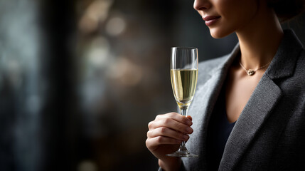 "Cheers to Celebration: Woman with Champagne in Soft Light"