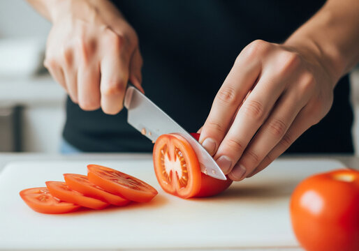 Close-up of hands expertly slicing a fresh, ripe red tomato on a wooden cutting board, preparing ingredients for a healthy meal