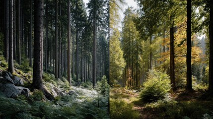 Contrasting forest landscapes: Evergreen tranquility versus autumnal golden hues