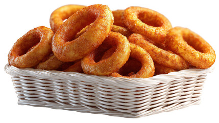 Basket filled with crispy onion rings on transparent background
