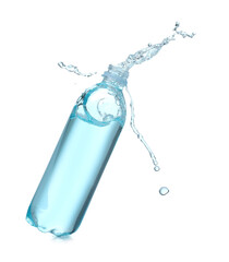 Plastic bottle with splashing water in air on white background