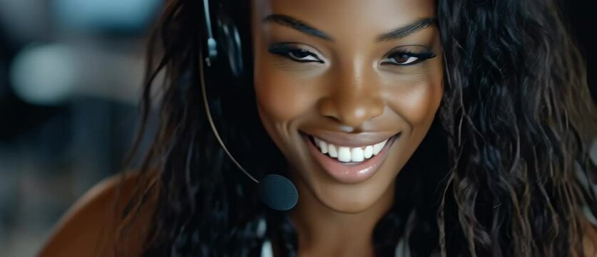 Dark skin smiling young adult woman wearing a headset with long wavy hair in a modern office