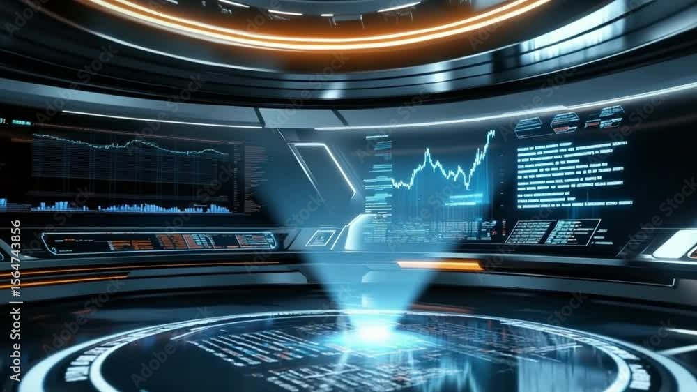 Aufkleber futuristic technology interface with financial data visualization and world globe hologram