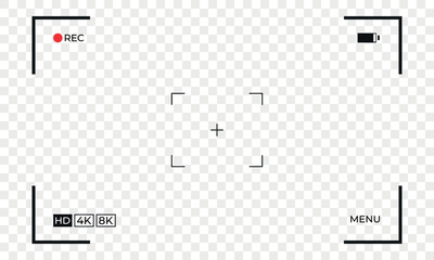 Vector video camera viewfinder frame. Minimal camera recording screen overlay for video editing and design projects. Transparent background, perfect for templates, presentations, and creative layouts.
