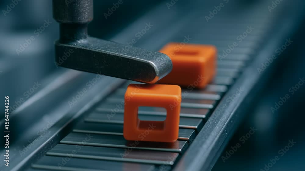 Poster quality control manufacturing processes conveyor automation handling orange plastic components robot