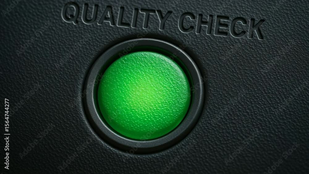 Poster quality control manufacturing processes with green button for approval inspection on black textured 