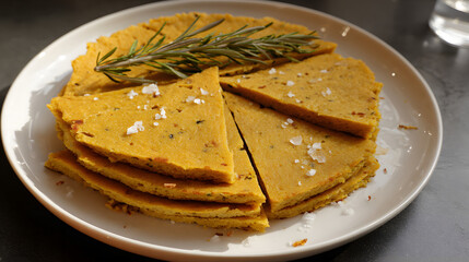 Golden Chickpea Pancakes from Nice Served with a Sprig of Rosemary and Sea Salt on a White Plate