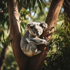 Obraz premium A fluffy koala peacefully sleeping in the fork of a eucalyptus tree