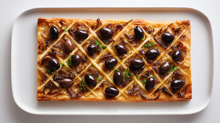 Savory Onion Tart with Anchovies and Olives on Rectangular White Plate