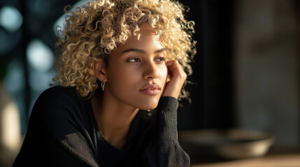 Graceful mixed-race model with curly blonde hair in soft lighting.