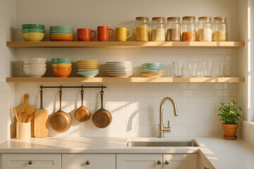Modern kitchen showing organization with floating shelves, copper pans, and colorful dishes