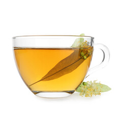 Tasty linden tea in cup, leaves and flowers isolated on white